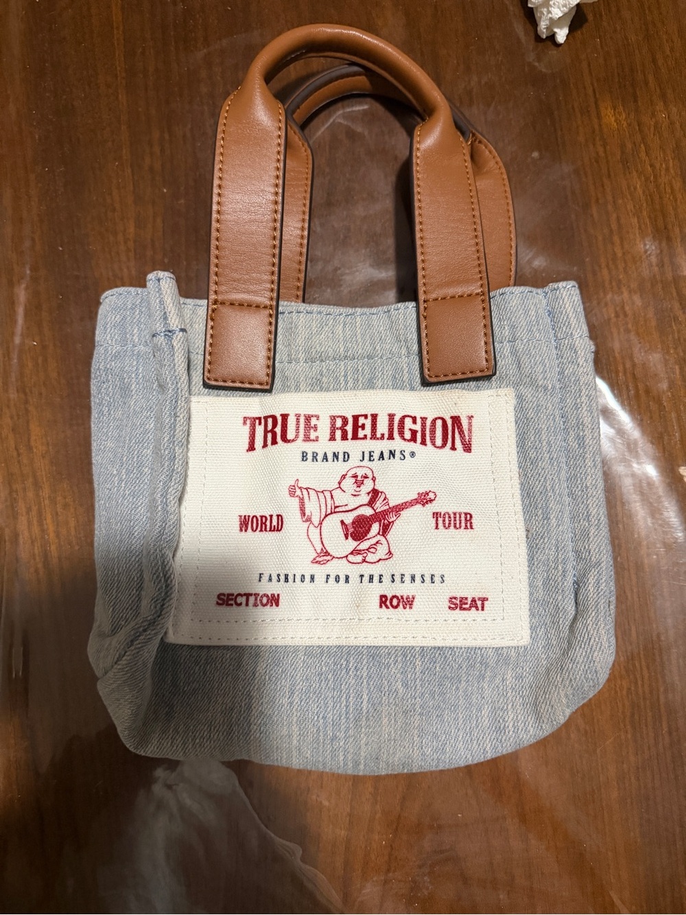 True Religion Light Blue Denim Mini Tote with Brown Leather Handles